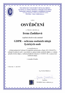 cerfifikát GDPR - ochrana osobních údajů fyzických osob