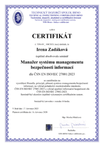 certifikát ISMS - manažer systému bezpečnosti informací